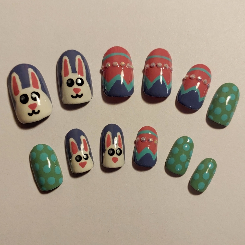Easter Press On Nails - Egg And Bunny Nails - New Hand Painted